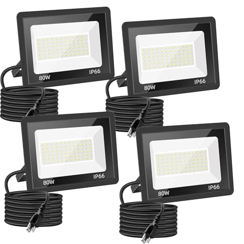 80W LED Flood Light 4 Pack, 12,000LM, 6000K, IP66 with Plug - size: 80w_4pack