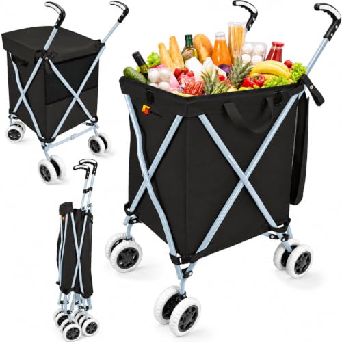 Wellmax Folding Shopping Cart with Canvas Bag & Cover, Holds 120 lb, Black - color: Black