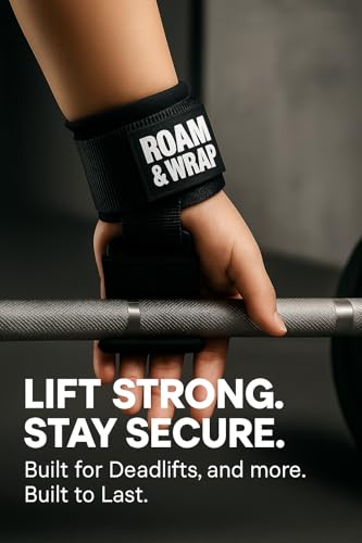 Roam & Wrap -Premium Weight Lifting Hooks for Deadlifts, Pull-Ups & Shrugs – Thick Neoprene Padding, Non-Slip Grip, Heavy Duty Wrist Support + Free 50ml Liquid Chalk - color: Black
