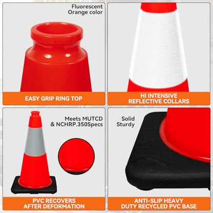 (Set of 6) CJ Safety 18" Black Base Orange PVC Traffic Safety Cones with 6' Reflective Collar (6 Cones) - size: 6 Cones