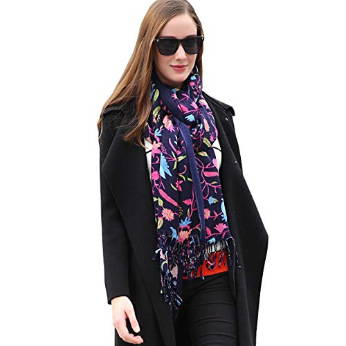DANA XU 100% Merino Wool Extra Large Pashmina Shawl for Women - color: Navy Pink Floral