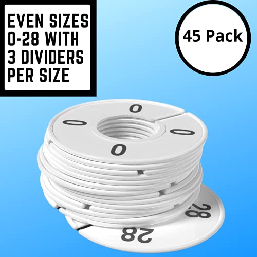 Discount Sizing- Women's Clothing Round Rack Number Size Dividers | 3 of Each Size 0-28 Even | (45 Pack White and Quantities Available - color: White With Black Print