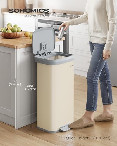 SONGMICS Kitchen Trash Can, 18-Gallon (68 L) Stainless Steel, Soft Closure - color: Sand Beige + Dove Gray, style: 18 Gallons