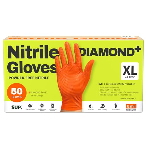 SUPER+ HEAVY DUTY Nitrile Gloves 8 Mil Diamond Texture Disposable Chemical Resistant Powder &Latex Free Food Safe Orange 50Ct - color: X-large (Orange)
