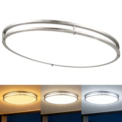 24 Inch Oval Brushed Nickel Ceiling Light-Flush Mount LED Ceiling Light 3000K/4000K/5000K Adjustable Brushed Nickel LED Bathroom Bedroom Lights 24” Kitchen Lamp, 32W, 2100LM, Steel and Polystyrene - color: Brushed Nickel, size: 24 inch - 1 Pack