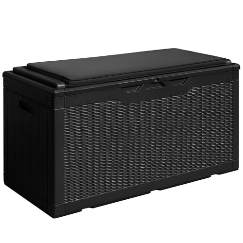 Devoko 100 Gallon Resin Waterproof Outdoor Storage Box with Cushion - color: Black, size: 100 Gallon with Cushion