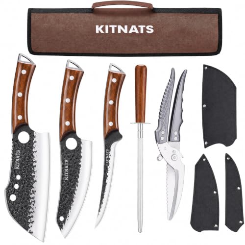 KITNATS 9PCS BBQ Butcher Knife Set with Roll Bag & Shears - color: Brown-9PC Butcher Knife Set