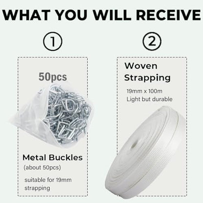 3/4" x 330' Woven Cord Strapping Kit with 50 Pack Metal Wire Buckles