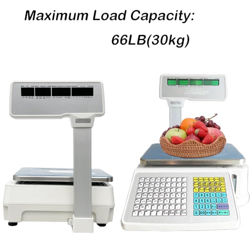 INTBUYING Commercial Digital Scale with Thermal Printer 4-Window Pole Double-Sided LCD with Label Max 66lb 110V Portable for Warehouse Restaurant Bakery