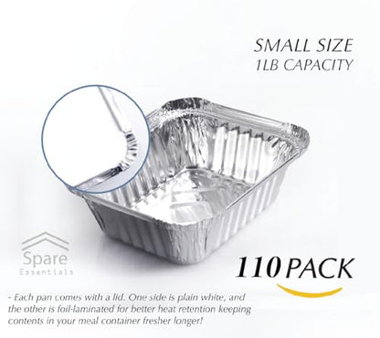 110 Pack - 1LB Small Foil Pans with Lids - Aluminum To Go Food Containers with Lids - 1lb Mini Aluminum Pans - Freezer Safe Foil Take out Trays - Heat proof Meal Prep Containers - size: 1 LB
