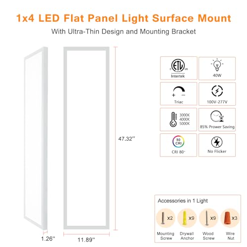 6-Pack 1x4 FT Surface Mount LED Flat Panel Light - color: White, size: 1x4- 6 Pack