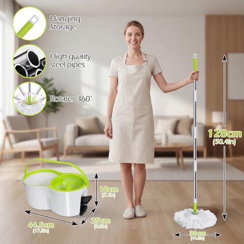 Masthome 360° Spin Mop Bucket 3 Microfiber Pads for Hardwood Floors - color: White