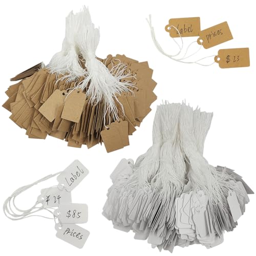SourceTon 1000pcs Kraft & White Price Tags with Strings - Writable Hanging Labels for Jewelry, Clothing, Gift Shop Display (White,Brown)