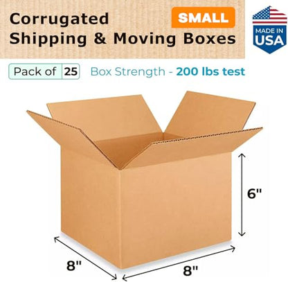 Small Moving & Shipping Boxes 8"L x 8"W x 6"H (25-Pack) - Extra Strength 200 lb vs Regular - Corrugated Boxes for Packaging Moving - Small Cardboard Box - Corrugated Box by IDL Packaging - size: 8 * 8 * 6" (Small Boxes)