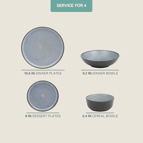 Gibson Elite Tribeca Loft 16-Piece Dinnerware Set – Matte Black and Blue Reactive Glaze Stoneware, Double Bowl Round Plates and Bowls – Modern Rustic Dinnerware for 4, Dishwasher & Microwave Safe - color: Matte Black & Blue (Tribeca Loft)
