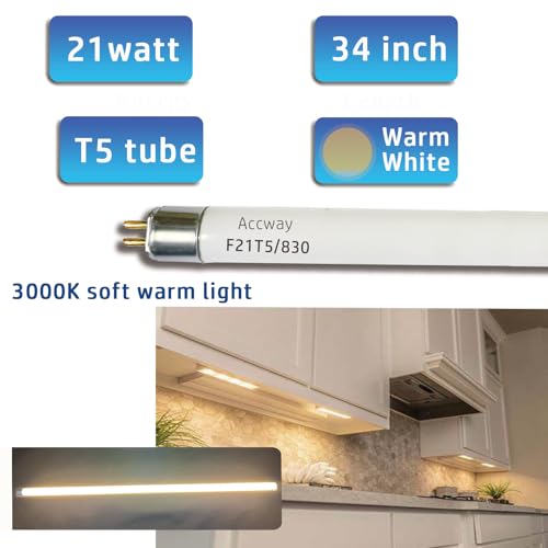 6pack F21T5/830 21Watt 34 inch Fluorescent Light Bulb, T5 3000K Soft White Linear Tube, F21T5/21W/830 Warm White Replacement for Under Counter Fixture