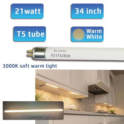 6pack F21T5/830 21Watt 34 inch Fluorescent Light Bulb, T5 3000K Soft White Linear Tube, F21T5/21W/830 Warm White Replacement for Under Counter Fixture