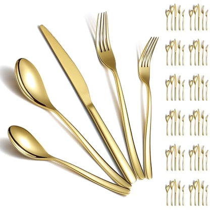 Berglander Gold Silverware Set 60pcs Service for 12, Golden Titanium Plating Stainless Steel Flatware Set, Gold Spoons Forks Knives Set for Home, Wedding, Restaurant, Hotel, Dishwasher Safe - color: a. 60 Pcs A