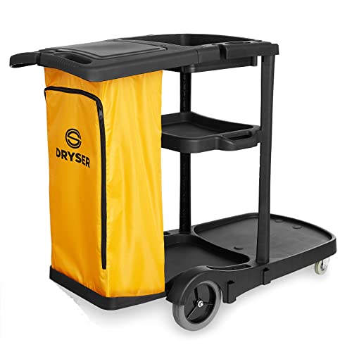 Durable Commercial Janitorial Cleaning Cart Caddy with Wheels Cover - 3 Shelves, Vinyl Bag, Black for Housekeeping Office, Stores, Schools