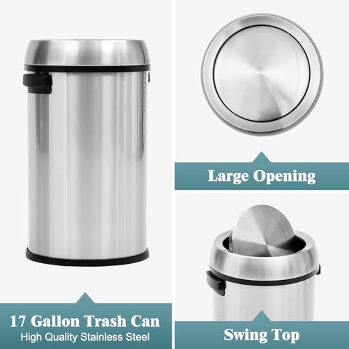 17 Gallon/65L Round Open Top Trash Can, Commercial Stainless Steel Garbage Bin, Heavy Duty Fingerprint & Rust Resistant Waste Container for Kitchen, Office, Restaurant,Flip-Top Trash Can,Silver - color: Silver swing lid