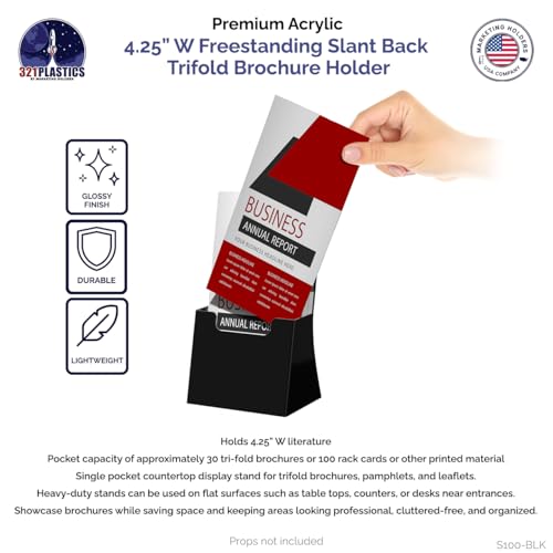 Marketing Holders 2 Pack Brochure Holder for 4.25" Trifolds Black Acrylic Countertop Literature Organizer Freestanding Angled Rack Card Dispenser for Offices Retail Shops and Restaurants