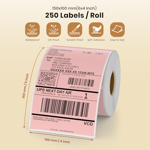 Pink Thermal Labels 4 × 6 Inch Waterproof Vinyl Stickers 250 PCS - color: Pink