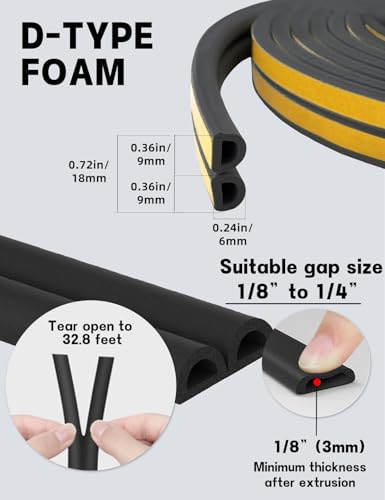 Weather Stripping Door Seal Strip,32.8 FT D Shaped Weatherstripping - color: Black, size: S (3/8"W × 1/4“T)