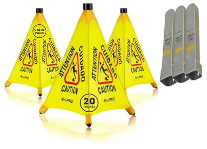 Alpine Caution Wet Floor Sign 3 Pack - Pop Up Slippery When Wet Sign, Wall Mounted Foldable Bilingual Yellow Safety Warning Caution Cone for Commercial & Office Use (20 Inches) - size: 3-Pack