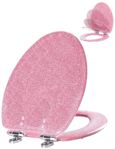 Angol Shiold ELONGATED Pink Glitter Resin Slow Close Toilet Seat 18.5Inch - color: Pink Glitter