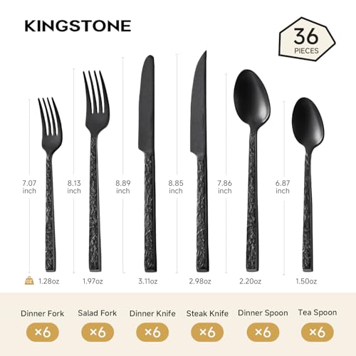 36 Pcs Black Hammered Silverware Set with Steak Knives for 6, 18/10 Steel - color: Black, size: 36-Piece