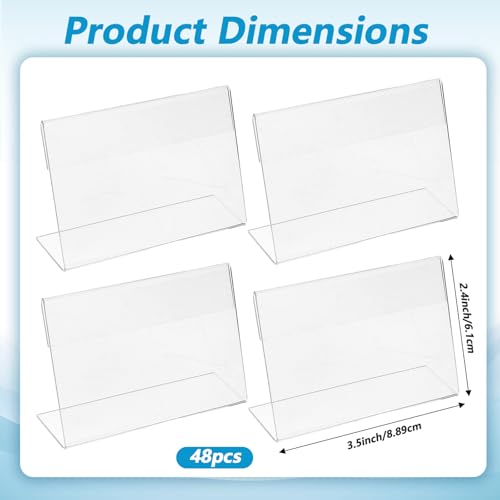 48 Pcs Small Acrylic Sign Holder 3.5"x2.4", Mini Acrylic Food Sign Labels for Party Buffet, Retail Price Display Holder, Clear Plastic Table Counter Top Stand for Place Cards, Name Card, Wedding Signs