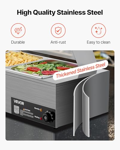 VEVOR Commercial Food Warmer, 1500W Electric Stainless Steel Steam Food Warmer with Glass Cover, 3-Pan Countertop Buffet Bain Marie with Soup & Perforated Ladles, for Catering, Restaurant & Party - size: 36.22 x 14.37 x 15.16 in