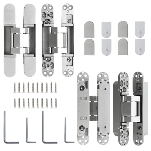 4-Pack 6 inch Hidden Door Hinges Heavy Duty Silver, Invisible Concealed Hinges Zinc Alloy 6''x 2.5''x1Inch, 180 Degree Swing Hinge, 3 Way Adjustable Hinge with Pins and Screws - color: Silver, size: 6 Inch