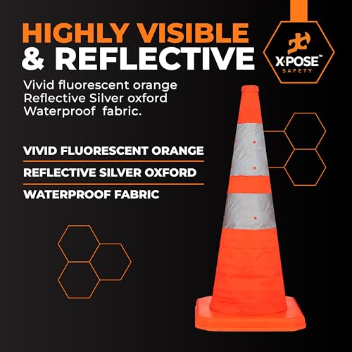 Xpose Safety Collapsible Orange Traffic Cones 28 Inch – Reflective Safety Cone for Parking, Roadside Emergency, Construction, Work Zones, Road Crews & Vehicle Safety