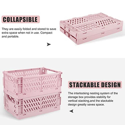 4 Pack Collapsible Small Storage Bins and Baskets, Desk and Locker Organizer Bins, 2 Medium + 2 Small Foldable Plastic Crates for Classroom, Craft and Bathroom(Pink) - color: Pink