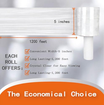 Polysells 2 Pack 5" x 1200ft MIni Roll Stretch Film with Handle, 80 Gauge Clear Moving & Packing Plastic Wrap for Boxes, Luggage, Bundling & Storage