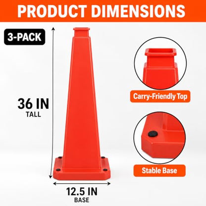 BESEA 3 Pack 36 Inch Red Traffic Cones with Weighted Base - color: Red, size: 36INCH