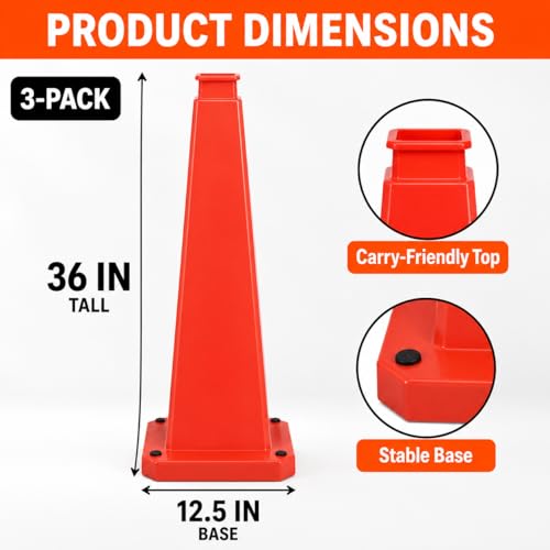 BESEA 3 Pack 36 Inch Red Traffic Cones with Weighted Base - color: Red, size: 36INCH
