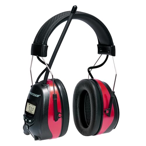 AM/FM Radio Headphones 25dB NRR,Noise Reduction Safety Earmuffs,Digital Display Headset,Powered by AA Battery,Hearing Protection for Walkman Mowing Lawn Work,Red - color: Red