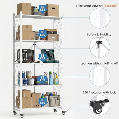 ALANNG 70.7" H Metal Storage Shelves, 5 Tier Folding Shelf on Wheels - color: White
