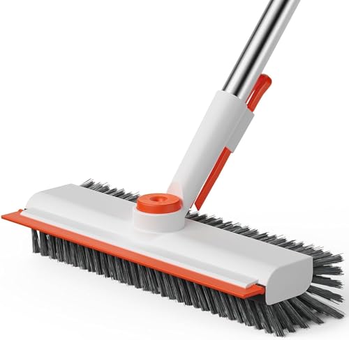 AIR U+ Floor Scrub Brush with Long Handle, 3-in-1 Rotating Head & Squeegee - color: White and Orange, size: 1 PACK