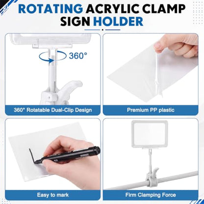 Maitys 12 Pack White Acrylic Clip on Sign Holder with Clamp Double Head Display Clips with PVC Card Protector A6 Rotating Sign Price Tag Clip on Display for Handrails Clothing Rack Booth