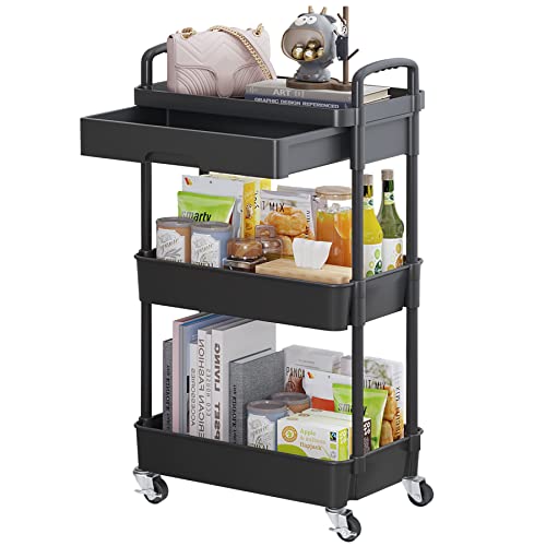 Calmootey 3-Tier Utility Cart with Drawer & Wheels, Storage for Home,Office - color: Black, size: 3-Tier