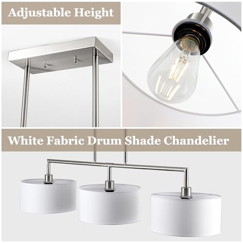 47" Linear Kitchen Island Lighting 3-Light Brushed Nickel Chandelier with White Fabric Drum Shade Adjustable Hanging Pendant Light for Dining Room Light Fixtures Over Table,Kitchen,Bar,Living Room,E26 - color: Brushed Nickel