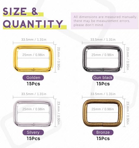Swpeet S1175 60Pcs Heavy Duty 1 Inch / 25mm Metal Rectangle Ring, Webbing Belts Buckle Metal Rings for for Belt Bags DIY Accessories Keychains Belts and Dog Leash - Sliver, Bronze, Gold, Gun-Black - style: Metal Rectangle Ring