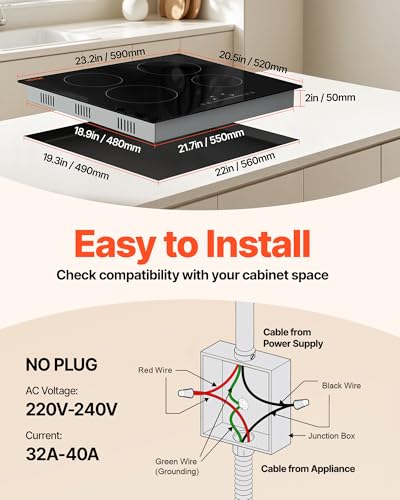 VEVOR LT4-77 Built in Electric Ceramic 23.2 x 20.5 inch Stove Top, 240V Glass Radiant Cooktop with Touch Control, Timer & Child Lock, 9 Power Levels for Simmer Steam Slow Cook Fry, 24IN 4-Burners - size: 24 IN-4 Burner+Touch Control