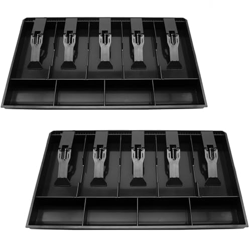 2 Pack Cash Register Drawer Insert Tray Organizer with 5 Bill/4 Coin Compartments for Money Storage, Black