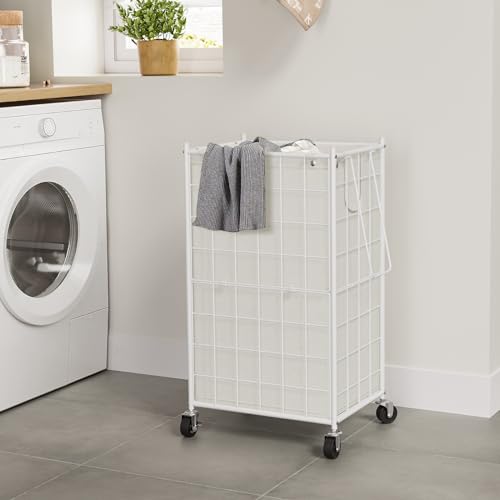 WOWLIVE Rolling Laundry Basket, Metal Wire Frame Laundry Hamper with Wheels - color: White, size: 100l