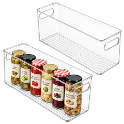 Plastic Food Storage 2 Pack Clear Container Bin with Handles for Organizing Kitchen, Pantry, Refrigerator, Freezer, Pantry, Cabinet, Closet, Bathroom. 12”x4”x5” - size: 12x4x5