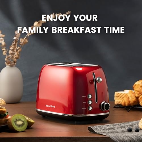 Roter Mond 2 Slice Toaster Retro Stainless Steel with Bagel, Cancel, and Defrost Functions, 6 Bread Shade Settings, Extra Wide Slots and Removable Crumb Tray, Red - color: Red